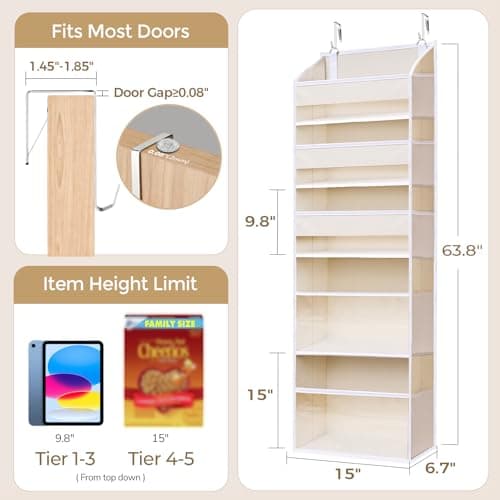 5 Tiers Over the Door Organizer with 10 Mesh Side Pockets, 44 lbs Weight Capacity Closet Hanging Storage Organizer with Large Clear Window Kids Toys, Shoes, Diapers, Beige view 2
