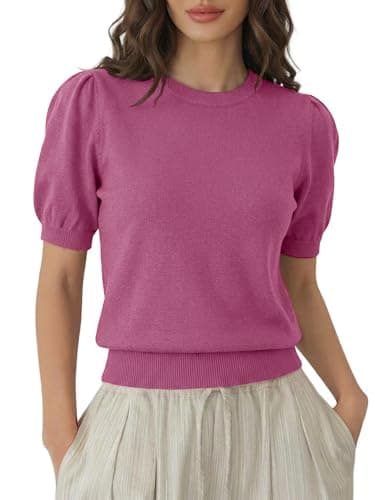 LaGracia Womens Cropped Sweater Puff Short Sleeve Spring Summer Work Tops Crew Neck Sweaters — image 1