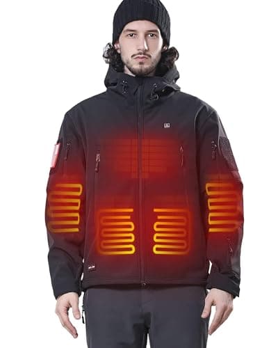 DEWBU Heated Jacket for Men with 12V Battery Pack Winter Outdoor Soft Shell Electric Heating Coat, Men's Black, L