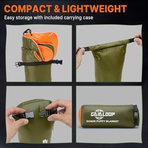 Gaialoop Down Puffy Blanket for 2 Person Car Camping Outdoor Travel Backpacking, 80% Duck Down & 20% Feather Lightweight Portable Soft Warm Cozy Camping Blanket Quilt, Olive Green view 6