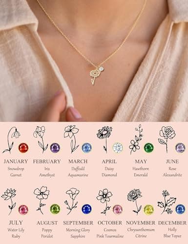 ZNBOH Birthstone Flower Necklace for Women 14k Gold Plated Dainty Necklace Trendy Pendant Necklace Simple Cute Choker Necklace Non Tarnish Emerald Blue Green Birthday Gifts for Women Jewelry view 3