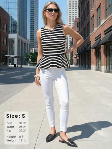 EXLURA Women Summer Tank Tops 97% Cotton Waffle Knit Peplum Top Sleeveless Crewneck Striped Ruffle Hem Business Casual Shirts view 6