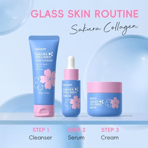 QUIYUM Sakura Collagen Skin Care Set - 5pcs Skincare with Facial Cleanser, Serum, Cream, Pink Facial Brush, Bunny Hair Band & Makeup Bag, Deep Cleansing, Hydrating, Firming, Even Tone, Radiance view 6