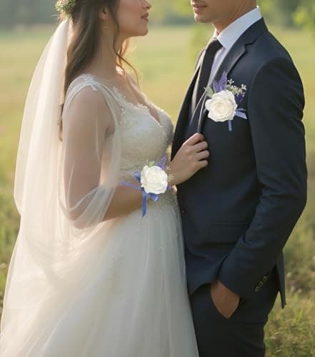 Rose Corsage and Boutonniere Set Lavender Blue Corsage Wrist and Men Boutonniere for White Wedding Party Prom Suit Decorations view 5