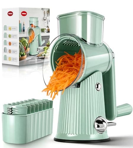 Rotary Cheese Grater with Handle - Vegetable Shredder with 5 Blades & Strong Suction Base, Round Slicer & Food Chopper for Kitchen (Green) — image 1