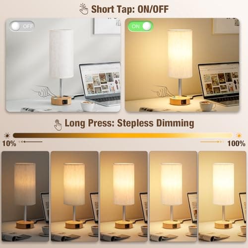 Touch Bedside Table Lamp for Bedroom, Stepless Dimmable, USB A+C, AC Outlet | Base Touch Button Only, Memory Brightness, Ultra-dim Night Light, Included Bulb for Optimal Dimming, Wood Grain Base, Nursery view 2