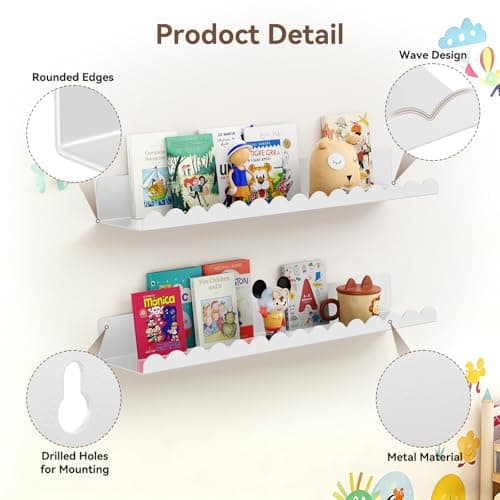 Gattlukd Floating Shelves for Wall, 23 Inch Metal Nursery Book Shelves 4 Pack, Wall Mounted Book Shelf for Kids Room, Bedroom, Bathroom, Playroom Decor （White） view 4