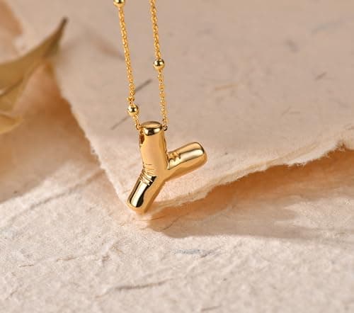 Punhem Bubble Gold Letter Necklace for Women 14k Gold Plated Balloon Initial Letter Pendant Necklace Pearl Custom Name Layered Choker Necklace Gold Jewelry view 3