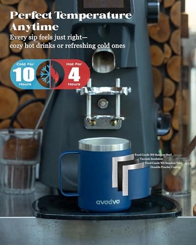 avodvo 12oz Insulated Coffee Mug with Lid – Includes Two Lids, Stainless Steel Coffee Travel Mug with Handle, Double Wall Vacuum Insulated Camping Mug for Home, Office & Outdoor, White view 3