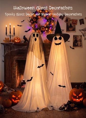 Minetom 2 Pack 5 FT Halloween Ghost Decorations Light Up Ghosts Outdoor | 8 Modes with Remote & Timer, Waterproof Battery Boxes, Adjustable Height Tripods for Indoor Porch Home Decor,Veil & Witch Hat view 5