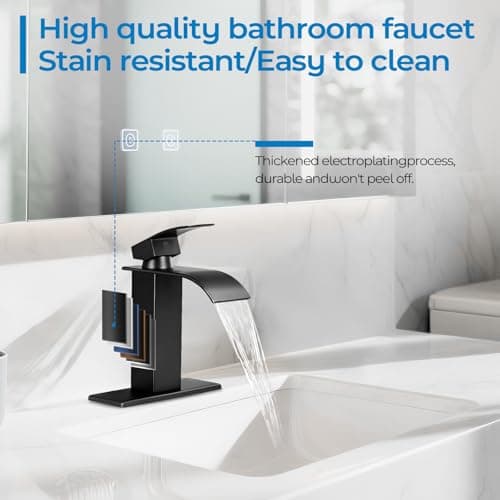 RNDIOZD Matte Black Bathroom Faucet with Waterfall Spout and Pop-up Drain | SUS 304 Stainless Steel, Single Handle, 1 or 3 Hole Sink, Vanity Faucet, Deck Plate, Supply Hoses, NSF372 NSF61 cUPC view 5