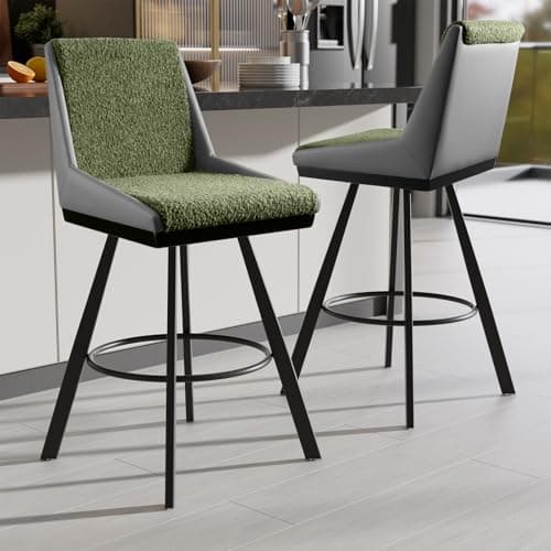 Ollega Bar Stools Set of 2, 26" Counter Height Bar Stools, Upholstered Swivel Barstools with Backs, Loop Yarn Fabric&Pu Leather, Metal Legs for Kitchen Island, Green&Gray — image 1