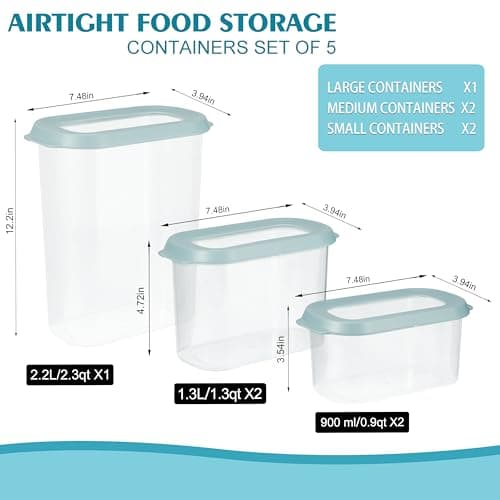 Tenrry Airtight Food Storage Containers 5-Piece Set, BPA-Free Plastic Kitchen Canisters with Secure Snap Lock Lids for Cereal, Pasta, Snacks, Flour & Pantry Organization view 3