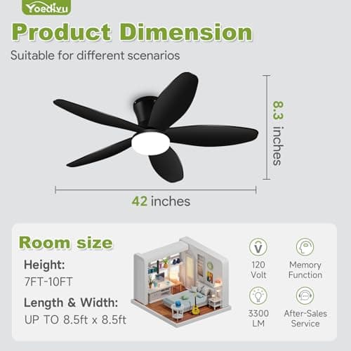 Yoedivu Ceiling Fans with Lights - 42 Inch Low Profile Flush Ceiling Fan with Light and Remote Control, Flush Mount, 6-Speed, 3CCT, Noiseless,Timer, Black Ceiling Fans for Bedroom Indoor/Outdoor Use view 2