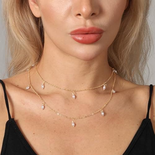 ZNBOH Pearl Necklaces for Women 14k Gold Plated Dainty Choker Layered Pearls Pendant Necklace for Girls Cute Simple Faux Pearl Necklace Trendy Thin Small Drop Chain Wedding Prom Bridal Jewelry Gift view 2