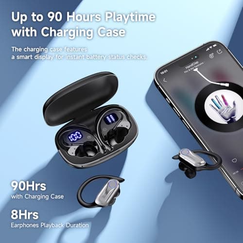 Wireless Earbuds, Sports Bluetooth 6.1 Earhooks Headphones, 90H Playtime LED Charging Case, ENC Noise Cancelling, 16.2mm Driver HiFi Stereo, IPX7 Waterproof Earphones for Running Workout Gym Black view 2