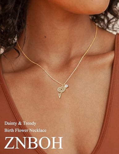 ZNBOH Birthstone Flower Necklace for Women 14k Gold Plated Dainty Necklace Trendy Pendant Necklace Simple Cute Choker Necklace Non Tarnish Emerald Blue Green Birthday Gifts for Women Jewelry view 2