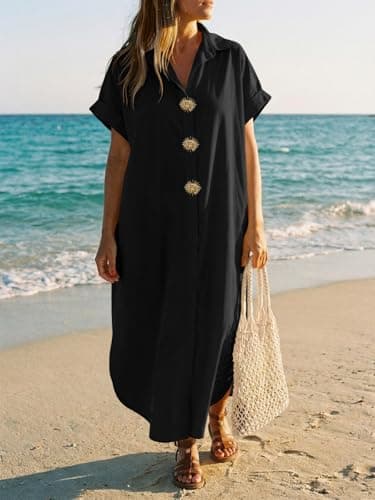 Wenrine Womens Summer Shirt Dress Casual Short Sleeve Button Maxi Dresses Beach Cover Up with Pockets view 3