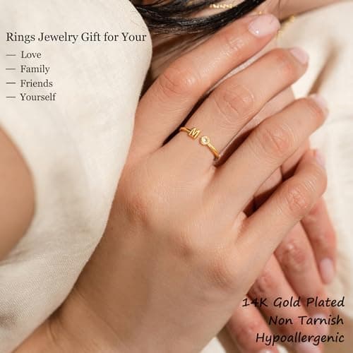 ZNBOH Gold Birthstone Initial Rings for Women Non Tarnish Dainty 14K Gold Plated Adjustable Letter Ring for Women Stackable Cute Thumb Pinky Fashion Unique Open Simple Birthday Gifts Jewelry view 3