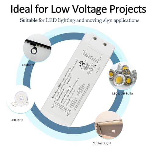 Hanbaak 60W Triac Dimmable LED Driver, 24V Dimmable Power Supply, 100-130VAC to 24VDC Transformer for Low Voltage Lighting Project, Compatible with Lutron Leviton Dimmers view 6