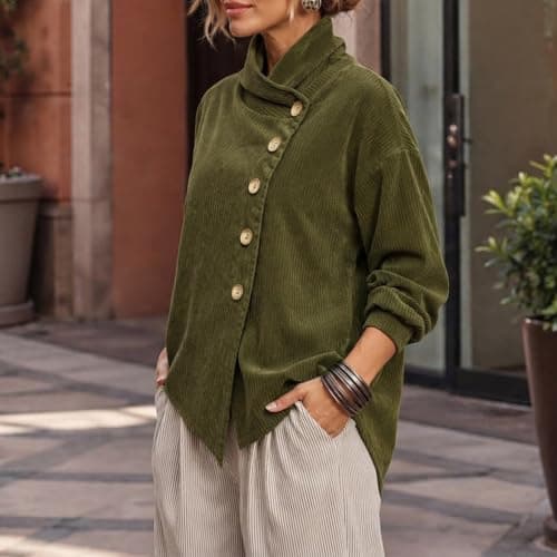 Women's Corduroy Jacket Asymmetrical Button Down Shirts Long Sleeve Coat view 5