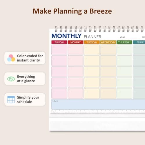 Desk Blank Calendar, Monthly Planner Stand, Undated Spiral-Bound Monthly Calendar, 12-Page Color-Coded Weekly Planner Pages with Memo Sections, Foldable Tri-Fold Desktop Daily Calendar view 4