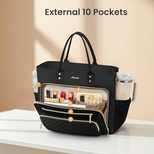 LOVEVOOK Insulated Lunch Tote Bag for Women, Large Capacity Work Bag with Laptop Compartment & Cup Holder, Water Resistant Nurse Tote for Office, Leakproof Crossbody Handbag, 15.6 Inch Black-Purple view 4