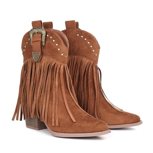 Hawkwell Women's Fringe Cowboy Cowgirl Boots Snip Toe Pull On Dress Western Ankle Booties view 6