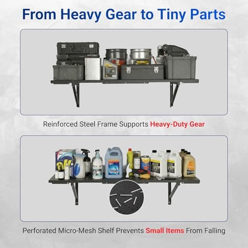 FLEXIMOUNTS 2-Pack 1x3ft Garage Shelving 14-inch-by-34-inch Perforated Wall Shelf, Heavy Duty Garage Storage Rack with 700 lbs Load Capacity, Wall Mounted Organization System for Tools, Heavy Bins view 6