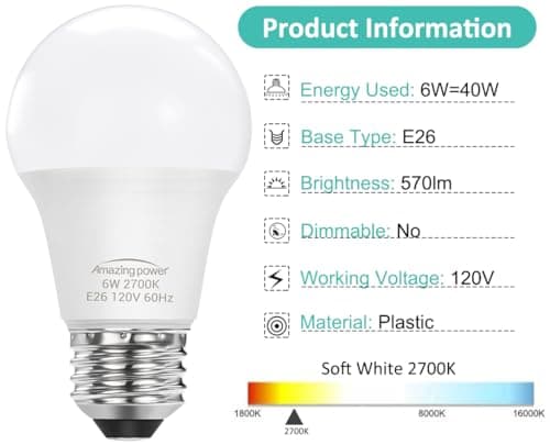 Amazing power E26 LED Bulb, 40W Equivalent Medium Base Light Bulb, Non-Dimmable, Soft White 2700K, 6W E26 LED Light Bulbs for Home Lighting Lamp, 4-Pack view 3