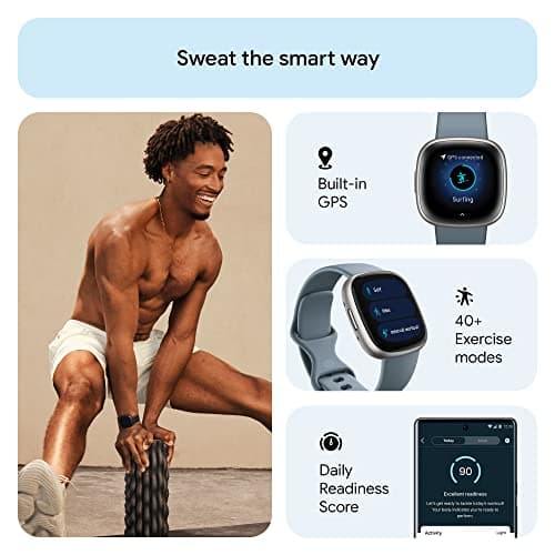 Fitbit Versa 4 Fitness Smartwatch with Daily Readiness, GPS, 24/7 Heart Rate, 40+ Exercise Modes, Sleep Tracking and more, Waterfall Blue/Platinum, One Size (S & L Bands Included) view 2