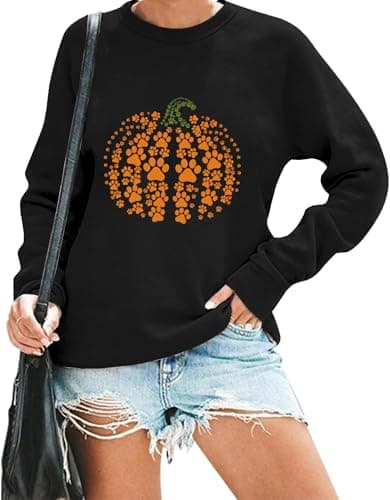 Urvatac Fall Sweatshirt for Women Pumpkin Dog Paw Pullover Thanksgiving Pumpkin Graphic Long Sleeve Shirt Tops view 6