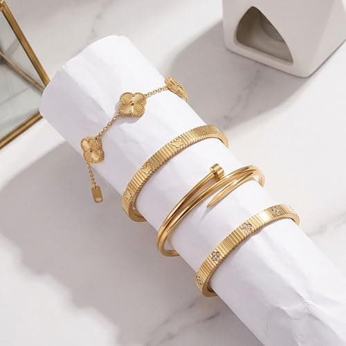 Womens Stackable Floral Gold Bracelets - 4Pcs 18K Gold Plated Bracelet,Stainless Steel Bangle Bracelets Non Tarnish,Gold Bracelet Set Fashion Jewelry,Valentines Birthday Christmas Jewelry Gifts view 5