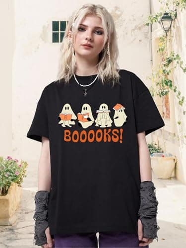 Halloween Shirts for Women Oversized Ghost Reading Books T-Shirt Cute Spooky Bookish Short Sleeve Tee Tops view 6