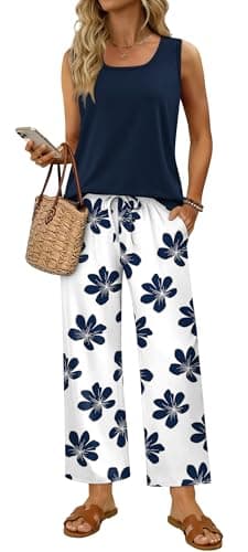 WIHOLL Two Piece Sets for Women Summer Spring Outfits Tank Square Neck Sleeveless Travel Vacation Lounge Wide Leg Pants Set view 2