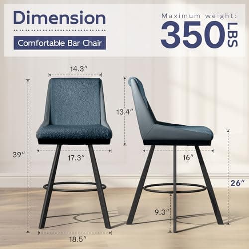 Ollega Bar Stools Set of 4, 26" Counter Height Bar Stools, Upholstered Swivel Barstools with Backs, Loop Yarn Fabric&Pu Leather, Metal Legs for Kitchen Island, Blue view 2