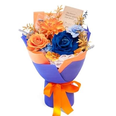 TINGE TIME Preserved Flowers Bouquet, Orange & Navy Blue Roses Gift Bouquet, Eternal Roses Bouquet for Wedding, Table Centerpieces, Mothers Day, Birthday Gifts, Anniversary, Graduation