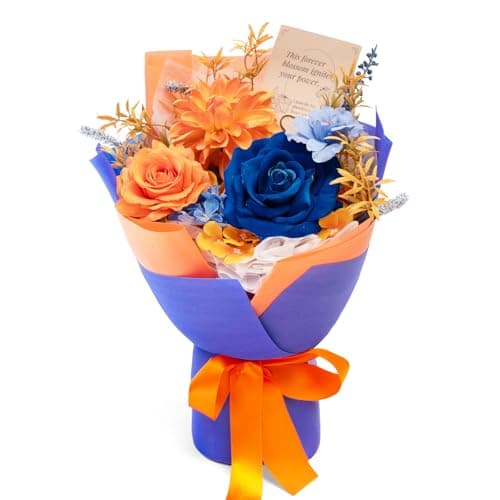 TINGE TIME Preserved Flowers Bouquet, Orange & Navy Blue Roses Gift Bouquet, Eternal Roses Bouquet for Wedding, Table Centerpieces, Mothers Day, Birthday Gifts, Anniversary, Graduation — image 1