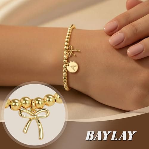 BAYLAY Gold Beaded Bracelets for Women-Initial Bracelet Gold Bracelets for Women Copper Beaded Bracelet for Womens Waterproof Jewelry Non Tarnish Jewelry Pulseras para Mujer Gifts for Girlfriend Mom view 2