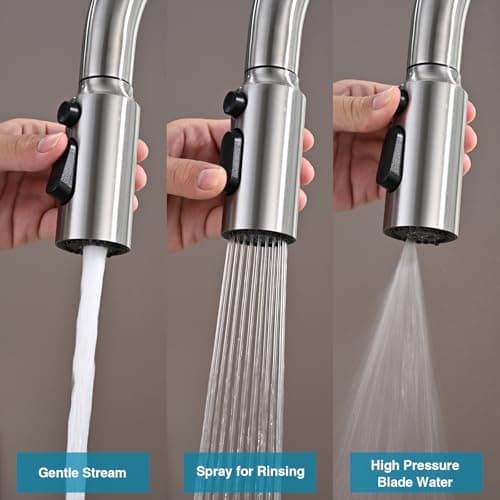 Metal Kitchen Faucet Head Replacement, 3-Function Pull Down Spray Head for Kitchen Faucet, High Pressure Sink Spray Nozzle with 9 Adapters Compatible with Most Faucets, Brushed Nickel view 3