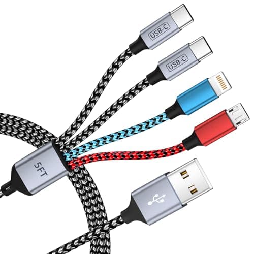 Dual Type-C USB Multi Charging Cable with 2 USB-C/IP/Micro Port, 4 in 1 Chargers for Multiple Devices, Travel Essentials USB Cable Phone Charger Cord for iPhone 17 16 15 14/Android/Tablet/iPad(5FT)