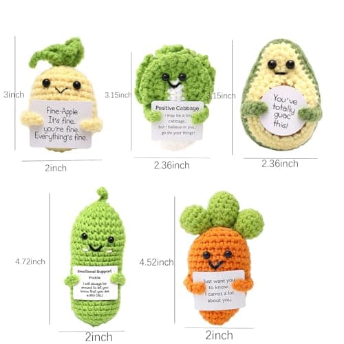 Fumonebuty 5PCS Handmade Emotional Support Crochet Gift ，Encouragement Support Vegetables and Fruits Knitted Dolls with Positive Card Cute Positive Crochet Animals Cheer Up Gift for Friends view 3