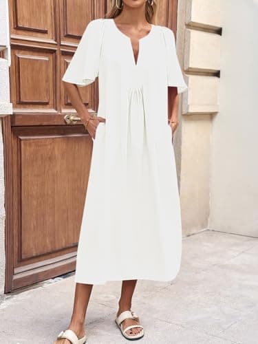 Wenrine Womens Flutter Short Sleeve Maxi Dress Casual V Neck Side Slit Pleated Loose Flowy Summer Dresses view 2