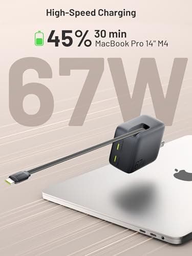 Omnibar Retractable 67W USB C Charger, 3 in 1 GaN Fast Charging Block with Foldable Plug, Compact PD PPS Type C Wall Charger for iPhone 17/16/15, Samsung Galaxy S26/S25, iPad, MacBook Air/Pro view 4