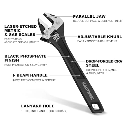HAUTMEC 6 inch Adjustable Wrench Extra Wide Jaw Black Finish Adjustable Wrenches Drop-Forged CR-V Steel Metric & SAE Scales for Home Garage Workshop DIY view 4