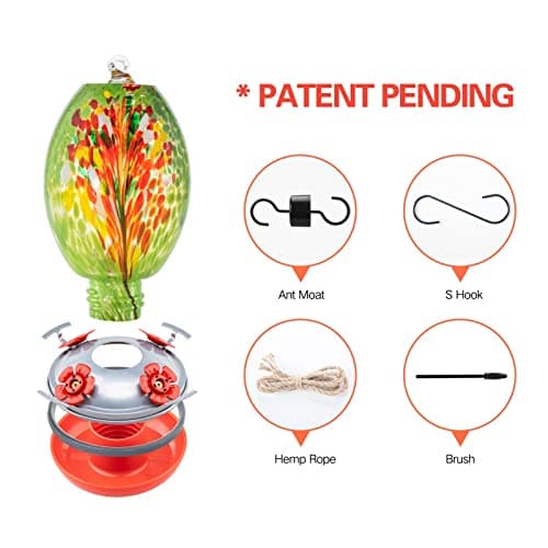Muse Garden Glass Humming Bird Feeders for Outdoors - 27OZ Blown Glass Hummingbird Feeder - Unique Gift Mom Women Grandparents, Outdoors Hanging Garden Decor, Ant Moat & Brush, Green Floral view 4