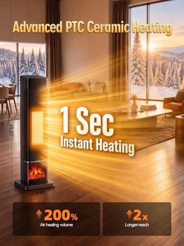 Uthfy Space Heaters for Indoor Use, 1500W Electric Room Heater for Large Room with Thermostat, 120° Oscillation&Child Lock, 24H Timer,3 Color 3D Flame,Dust Filter,ECO,Portable Tower Heater view 5