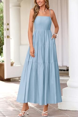 Okiwam Women's Summer Dress 2026 Casual Boho Sleeveless Spaghetti Strap Smocked Maxi Dress Ruffle Long Beach Sundresses view 4