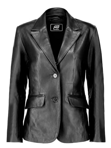 Jild Classic 2-Button Lambskin Leather Blazer Women - Casual Coat Long Sleeves Suit Style Leather Jacket Women (LC-BLK-L)