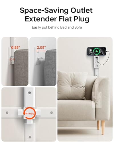 Electrical Outlet Extender with Adjustable Sticks 8"-56", 4-Way Flat Plug for Different Wall Sockets, Features 2AC Outlets, 2USB-A, 1USB-C for Hard-to-Reach Outlets Behind Couch Nightstands Desks TV view 4